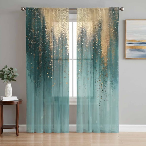 Modern Turquoise Gold Sheer Curtains 96 Inch Length 2 Panels Set, Abstract Teal Minimalist Art Voile Window Treatment Semi Sheer Long Curtains Drapes for Bedroom/Living Room/Kitchen 52"x96"x2