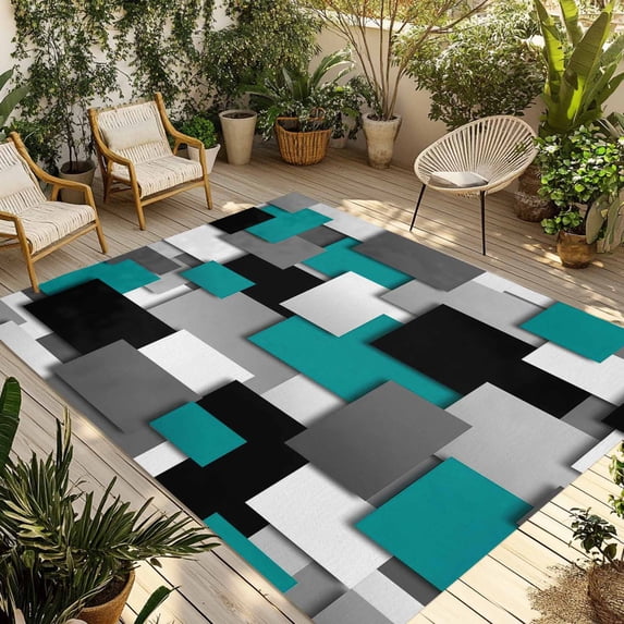 Modern Turquoise Grey Outdoor Rug for Patio/Deck/Porch, Non-Slip Large Area Rug 3 x 5 Ft, Abstract Geometric Color Blocks Indoor Outdoor Rugs Washable Area Rugs, Reversible Camping Rug Carpet Runner