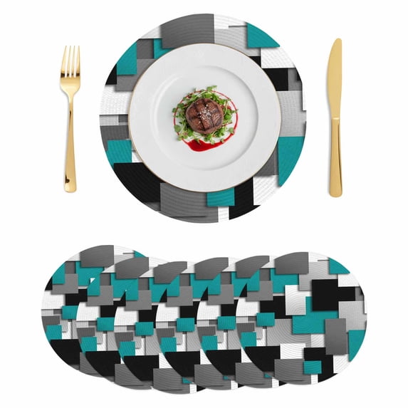 Modern Turquoise Grey Round 13 Inch Placemats Set of 6, Abstract Geometric Color Blocks HeatResistant Non Slip Place Mats for Dining Table, Wipeable Braided Kitchen Table Mats for Housewarming