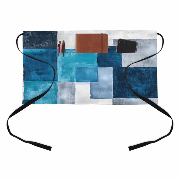 Modern Turquoise Kitchen Restaurant Half Waist Apron, Gradient Blue Grey White Coast Neutral Server Short Apron with 3 Pockets Waterproof Oil Waist Aprons for Women Waitress Waiter