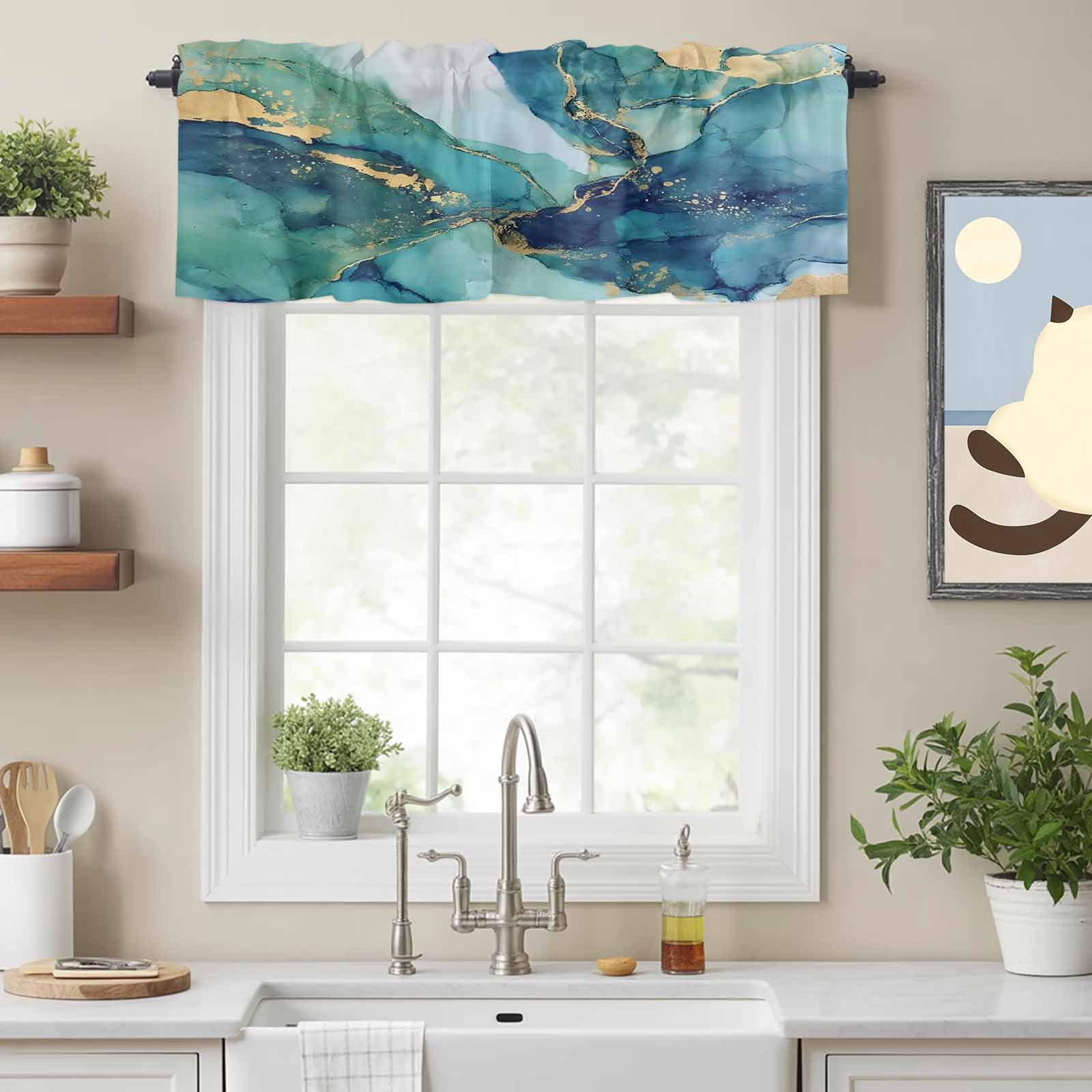 Modern Turquoise Marble Stone Valances for Windows,Rod Pocket Valance