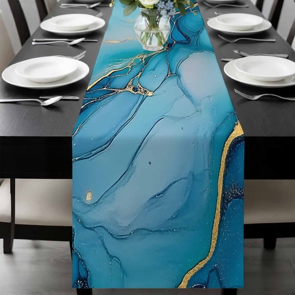 Modern Turquoise Table Runner 36 Inches Long, Abstract Teal Gold Marble Textured Kitchen Coffee Dining Table Decoration for Home Party Birthday Wedding Home Decor 13x36 Inches