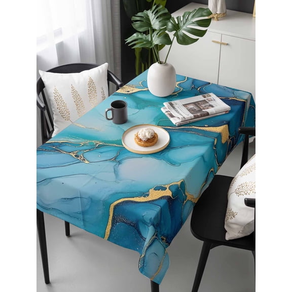Modern Turquoise Tablecloth Rectangle Table Cloth 60x120, Waterproof Tablecloth Outdoor Table Cloth, Abstract Teal Gold Marble Textured Washable Table Cover for Kitchen Dinning Party