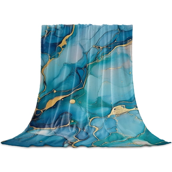 Modern Turquoise Throw Blanket for Couch, Soft Lightweight Flannel Fleece Blanket, Abstract Teal Gold Marble Textured Microfiber Plush All Season Decorative Blankets Gifts for Sofa Bed 50"x60"