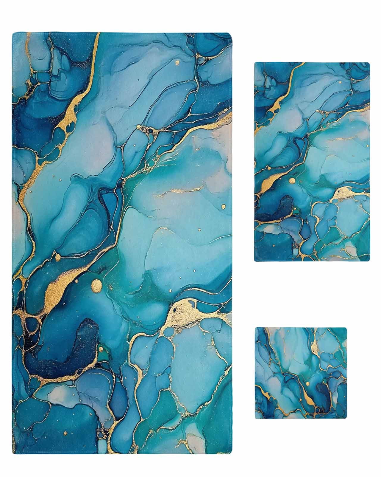 Modern Turquoise Towel Set of 3, Soft Microfiber Bath Towels, Hand Towel, Washcloths, Abstract Teal Gold Marble Textured Quick-Dry Absorbent Towels for Bathroom Kitchen Hotel Beach Gym Spa