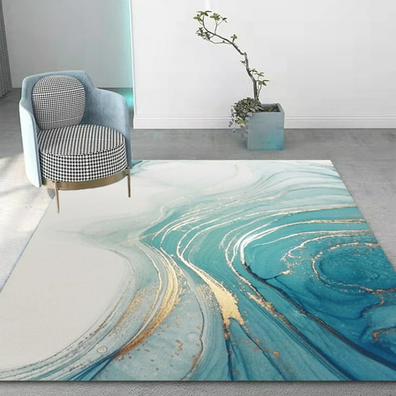 Modern Turquoise White Marble Area Rugs, Abstract Gold Gray Marble Texture Print Carpet, Non-Slip Rug Distressed Carpet For Hotels Entrance Living Room Bedroom Office 5' x 7'