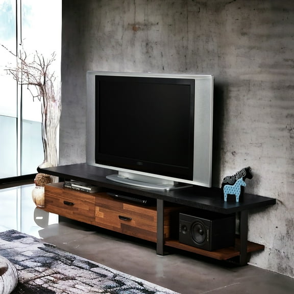 Modern Tv Stand With Walnut Finish And Black Metal Legs For 55" Flat Screen Tvs Space Minimalist & Media Table