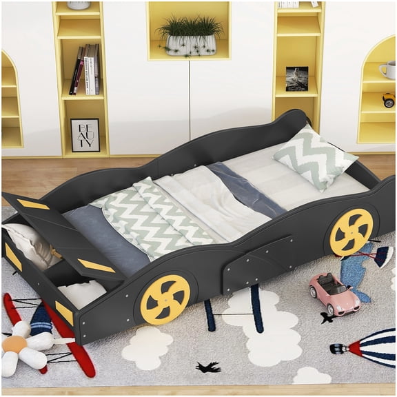 Modern Twin Bed Frame with Storage, Wheels & Safety Rails, Black/Yellow