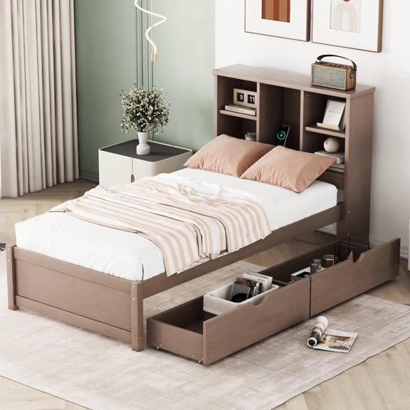 Modern Twin Bed With Charging And 2 Drawers In Elegant Walnut Color Headboard Area