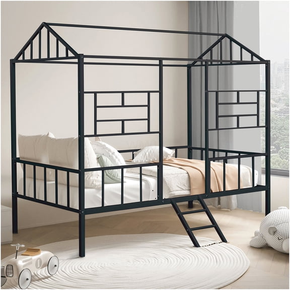 Modern Twin Bunk Bed with House Roof Design, Full Metal Frame with Angled Ladder, Space Saving Loft Bed for Compact Rooms