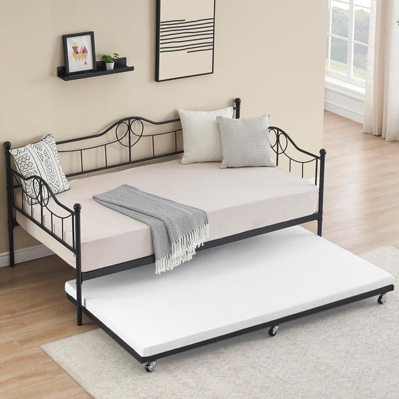 Modern Twin Daybed with Trundle and Backrest, Metal Sofa Bed Frame with Steel Slat Support and Art Sweet Heart Design,for Living Room, Bedroom and Guest Room