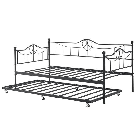 Modern Twin Daybed with Trundle and Backrest, Black Metal Sofa Bed Frame with Steel Slat Support and Art Sweet Heart Design