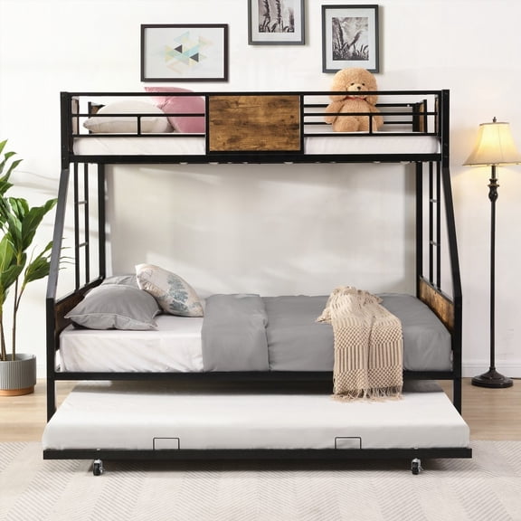 Modern Twin Over FULL Metal Bunk Bed - 2-Side Ladder & Full-Length Guardrail, No Box Spring, Large Under Bed Storage, Easy to Assemble (Black & Brown)