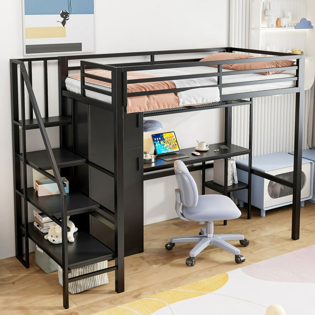 Modern Twin Loft Bed with I-Shaped Desk & Two-Tier Wardrobe, Sturdy Metal Frame, Storage Staircase, Space-Saving Student Dorm Solution, Black