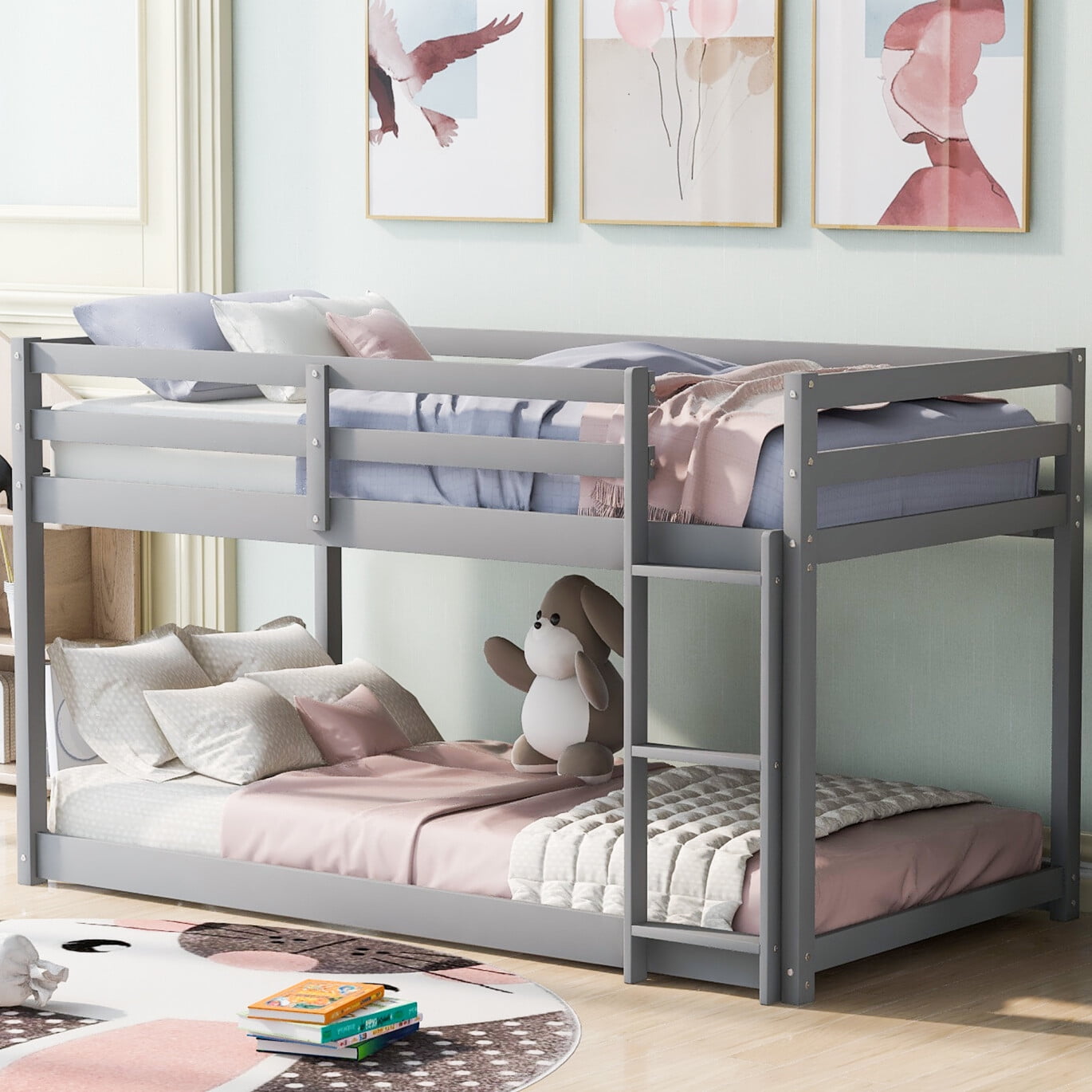 Modern Twin Low Bunk Bed with Ladder for Kids, Teens, Wood Twin over