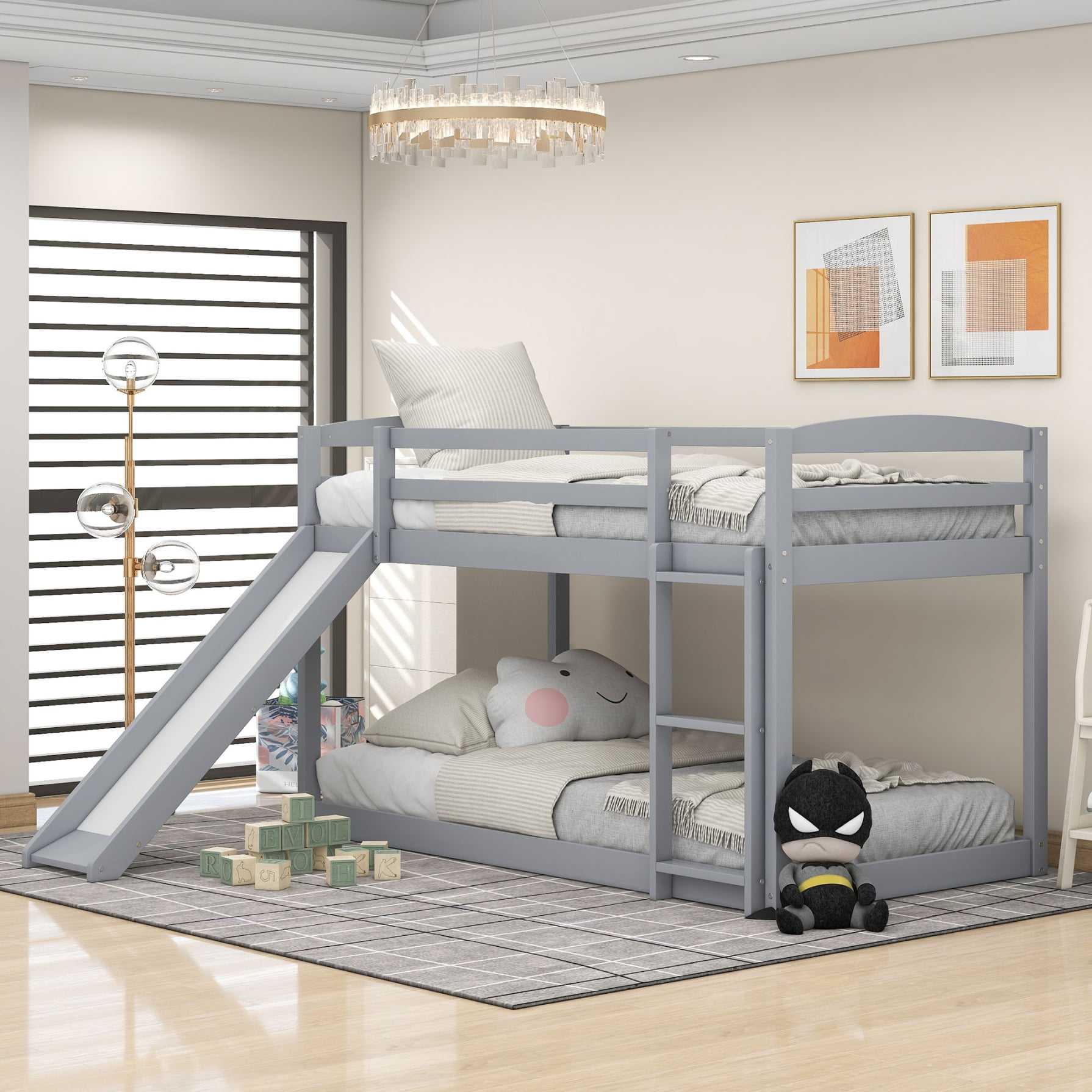 Modern Twin Low Bunk Bed with Slide, Wood Twin over Twin Bunk Bed Frame with Safety Guardrail