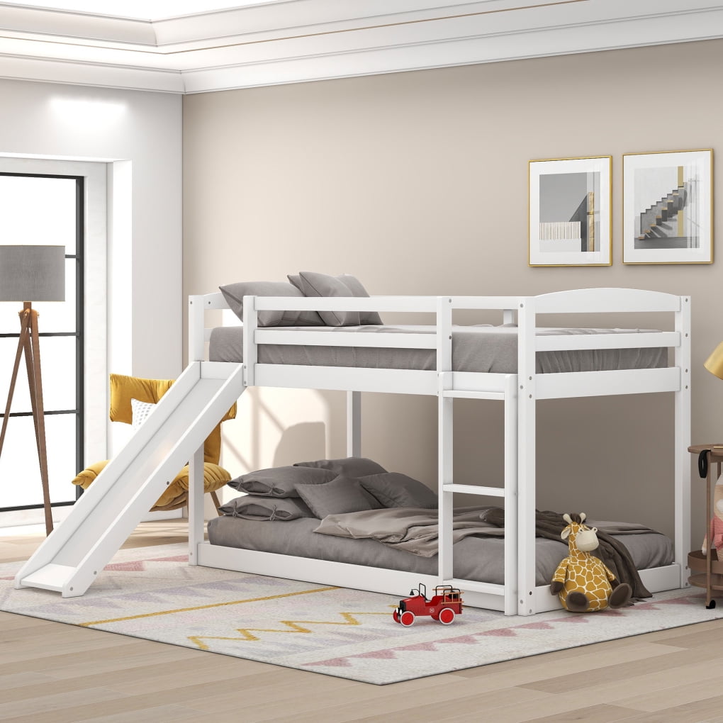 Modern Twin Low Bunk Bed with Slide, Wood Twin over Twin Bunk Bed Frame