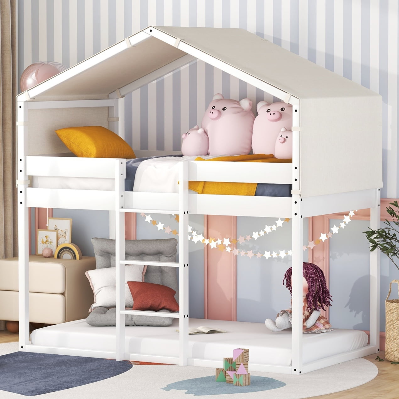 Modern Twin Over Twin Bunk Bed with Roof and Tent, Cute House Bed with Safety Fence Guardrails