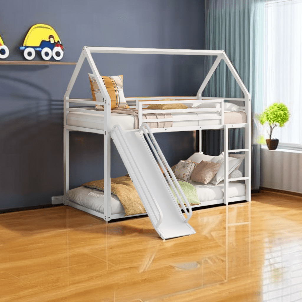 Modern Twin Over Twin Heavy Steel Low Bunk Bed with Ladder and Slide ...