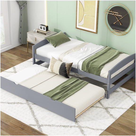 Modern Twin Platform Bed with Trundle, Space Saving Pull Out Design, Sturdy Wood Frame, Gray Finish, Low Profile