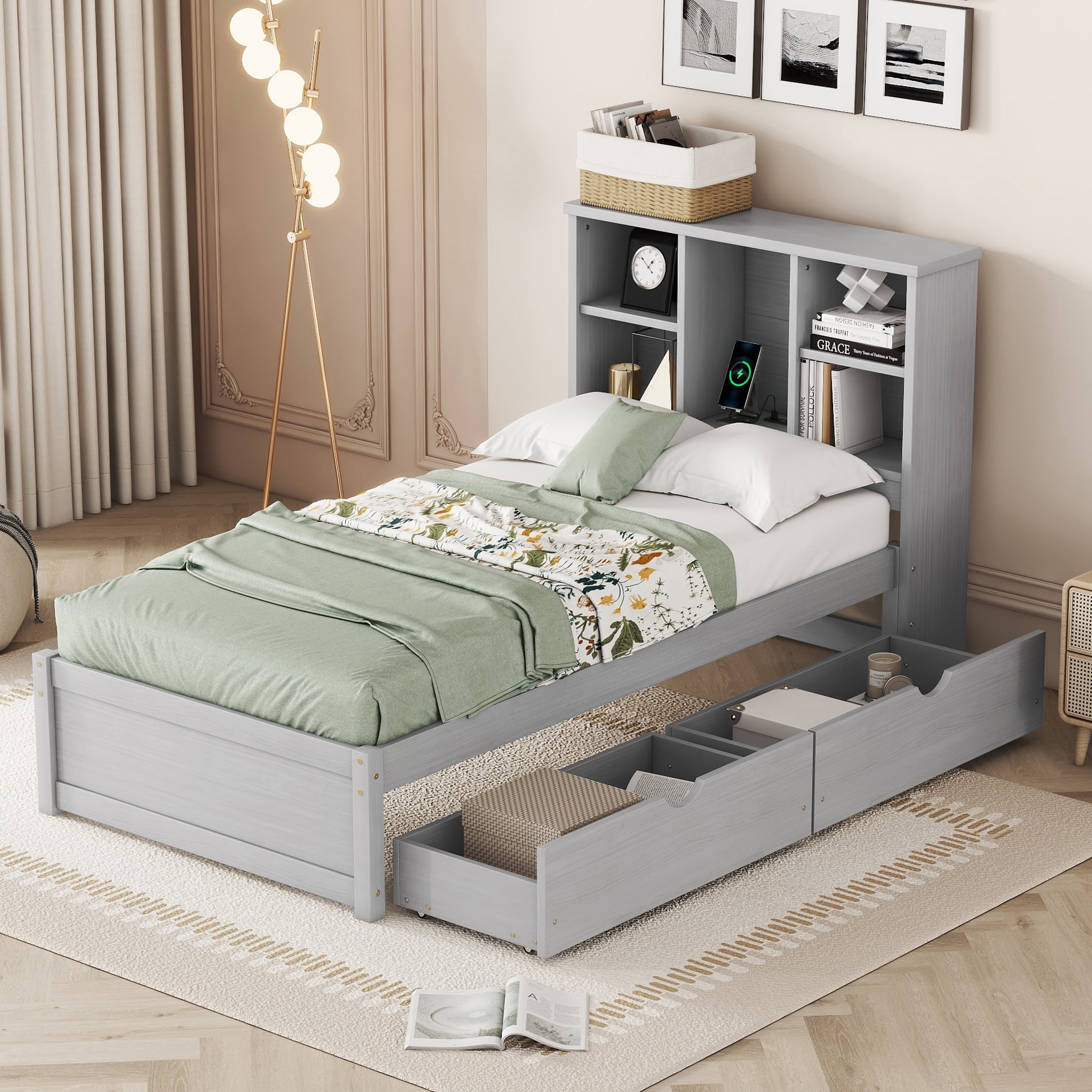 Modern Twin Size Bed Frame With Builtin USB Port on Bookcase Headboard
