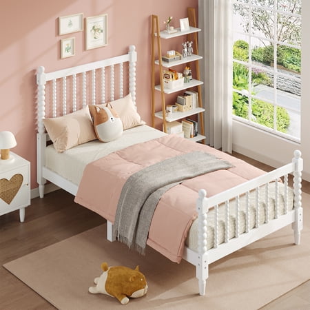 Modern Twin Size Bed Frame, Wood Twin Platform Bed with Gourd Shaped Headboard and Footboard, Solid Wood Bed Frame, White