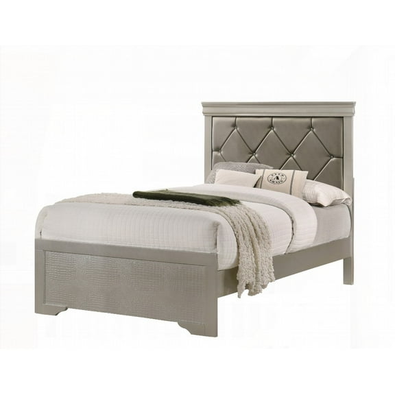 Modern Twin Size Beige Bed with Crocodile Texture & Crystal-Button Headboard