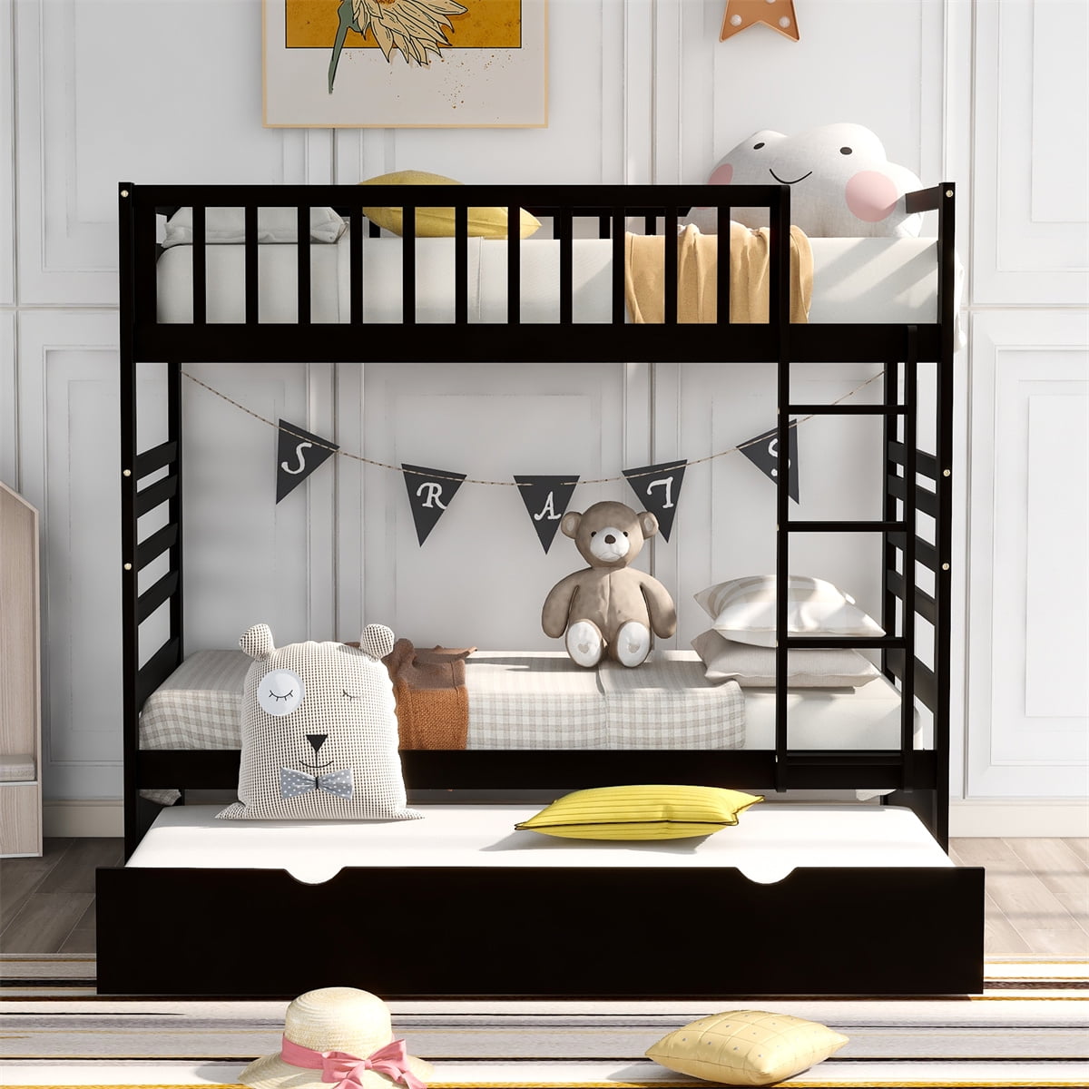 Modern Twin Size Bunk Beds with Movable Trundle Bed,Detachable Solid