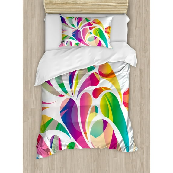 Modern Twin Size Duvet Cover Set, Colorful Leaf Shaped Vivid Trippy Forms Spring Summer Themed Artful Curved Display, Decorative 2 Piece Bedding Set with 1 Pillow Sham, Multicolor, by Ambesonne