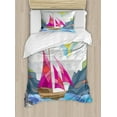 thumbnail image 1 of Modern Twin Size Duvet Cover Set, Sun Sky Clouds Sail Boat on the Sea Vitray Style Fractal Landscape Funky Picture, Decorative 2 Piece Bedding Set with 1 Pillow Sham, Multicolor, by Ambesonne, 1 of 3