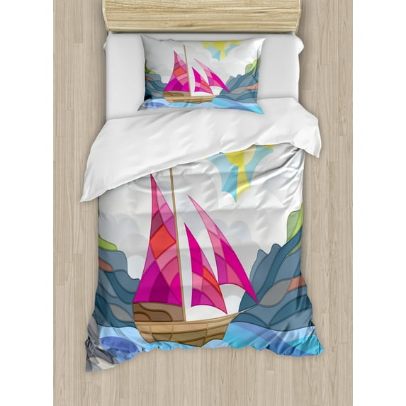 Modern Twin Size Duvet Cover Set, Sun Sky Clouds Sail Boat on the Sea Vitray Style Fractal Landscape Funky Picture, Decorative 2 Piece Bedding Set with 1 Pillow Sham, Multicolor, by Ambesonne