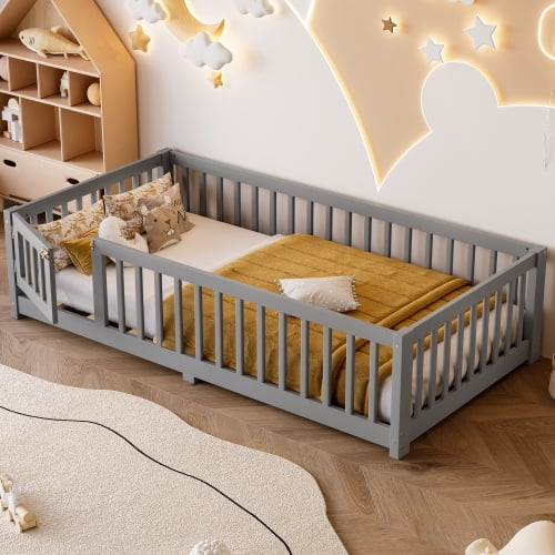 Modern Twin Size Floor Bed with Safety Guardrails and Door, Low Profile Design, Removable Slats for Versatile Use, Secure Sleeping and Playing Area, Gray