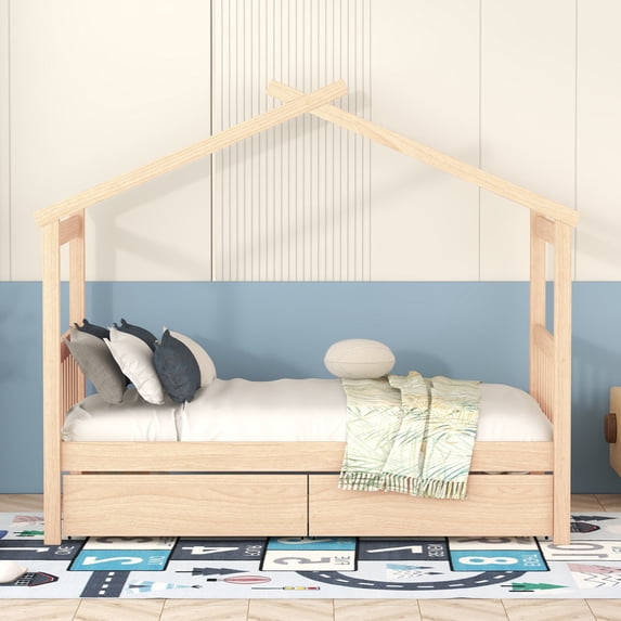 Modern Twin Size House Bed with Headboard and Footboard, Wooden Platform Bed Frame with 2 Drawers and Roof, Kids Bed for Kids, Teens, Girls, Boys, Natural