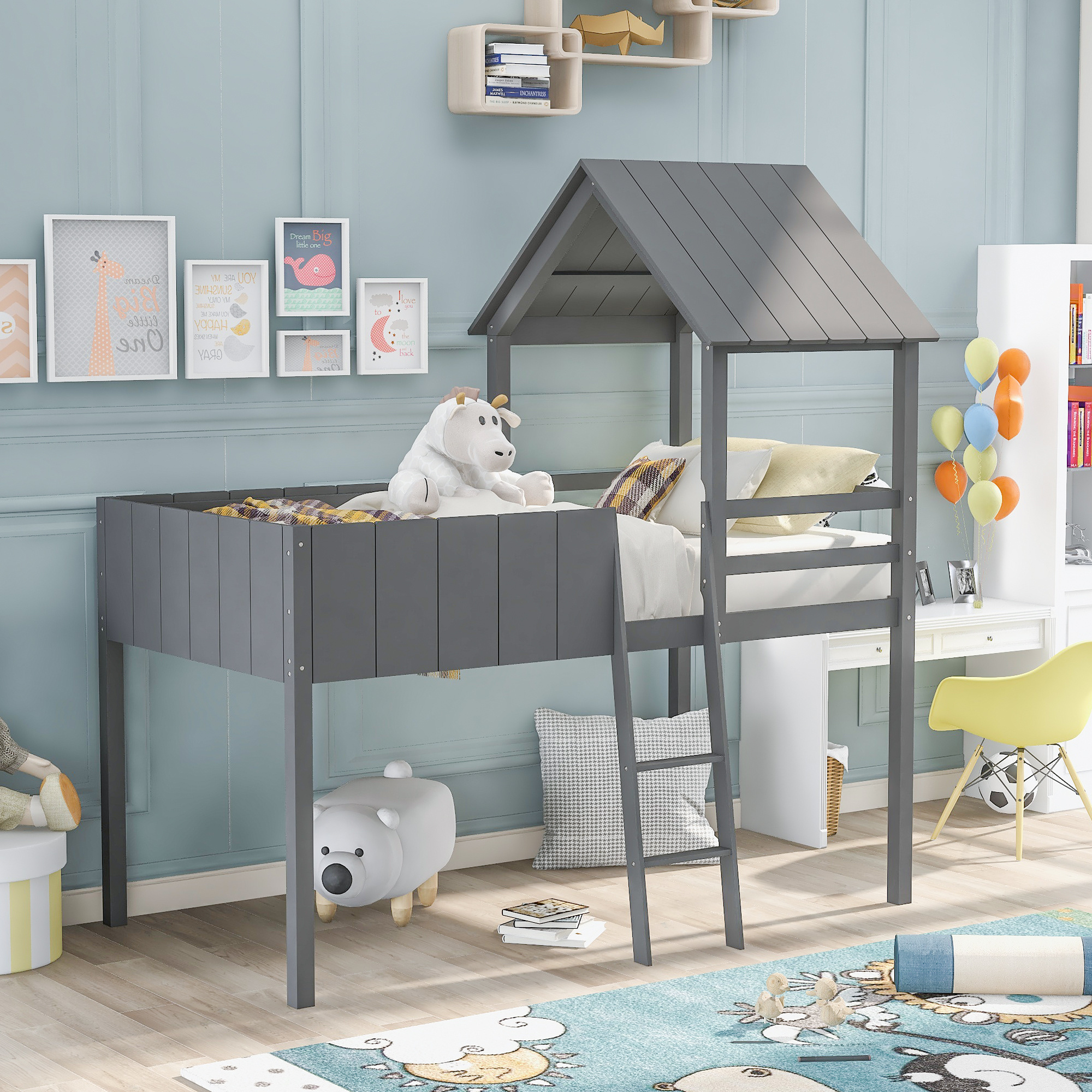 Modern Twin Size Loft Bed Wood Bed with Roof, Guardrail & Ladder, Toddler House Bed Bedroom Furniture, Space-Saving Wood Bed Frame, Under Bed Storage, No Box Spring Needed (Gray)
