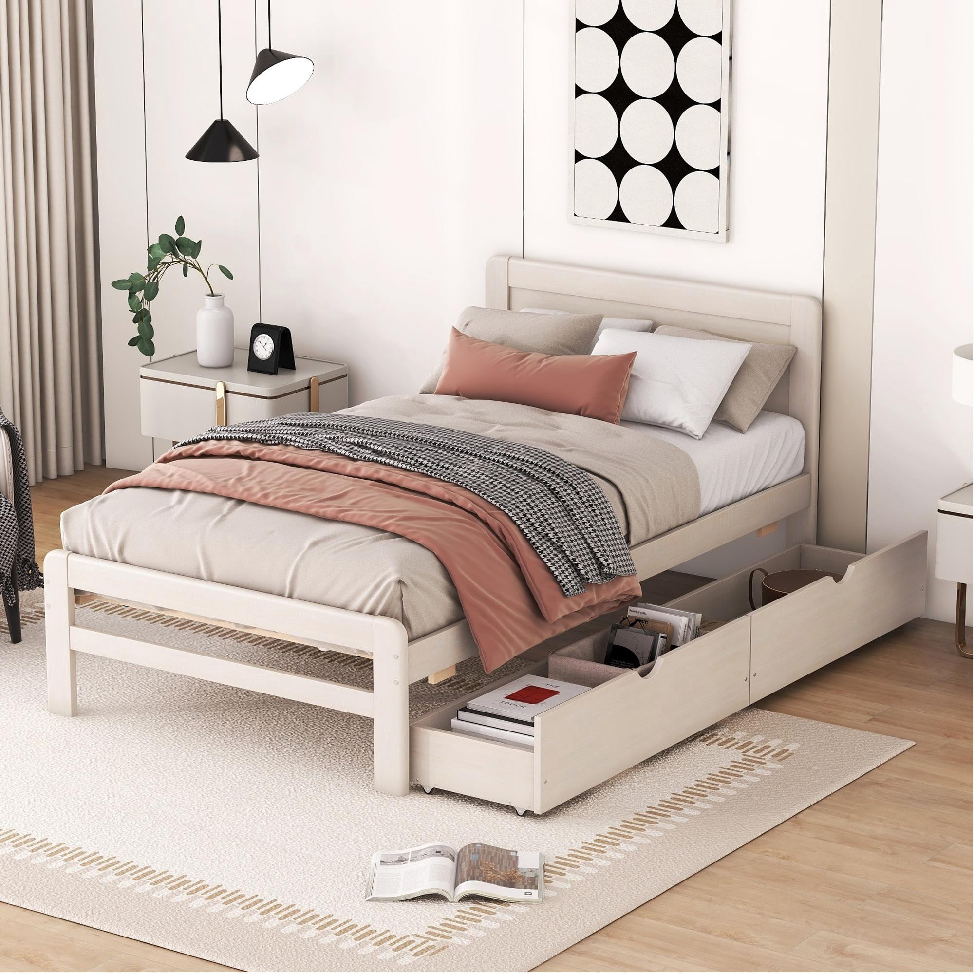Modern Twin Size Platform Bed Frame with 2 Storage Drawers - Stylish ...