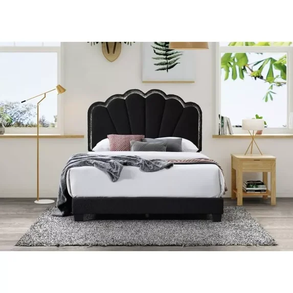 Modern Twin Size Platform Bed, Shell Arc Adjustable LED Headboard, Black