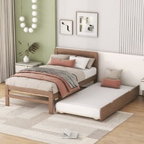 Modern Twin Size Platform Bed with Trundle, Wooden Twin Platform Bed Frame with Headboard for Kids Teens Adults, No Box Spring Need, Walnut