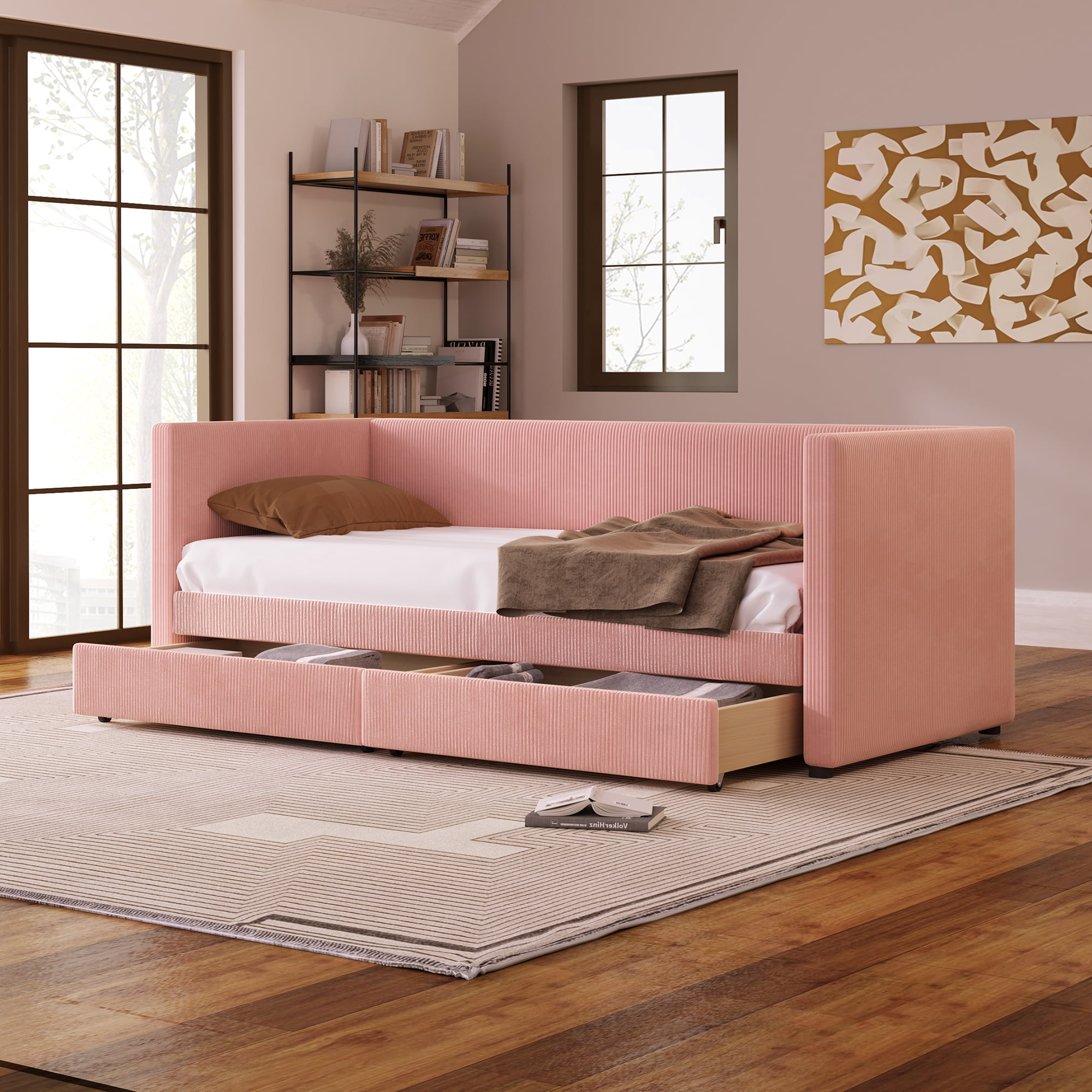 Modern Twin Size Upholstered Daybed with 2 Storage Drawers, Corduroy Fabric Daybed Sofa Bed Frame with Armrests and Wood Slat Support for Bedroom Living Room,Pink