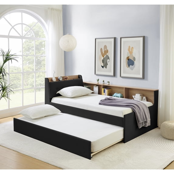 Modern Twin Size Upholstery Velvet Daybed,Multi Functional Daybed with Trundle Bed,Height Adjustable Day Bed with Storage Headboard and Wireless Charging,LED Lights,for Bedroom,Apartment, Black