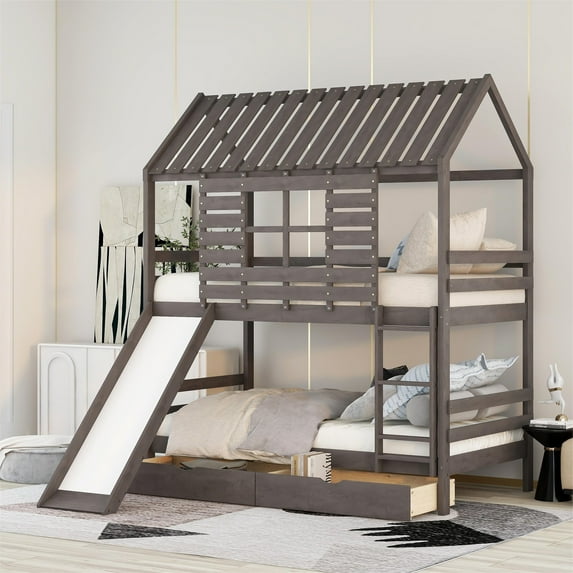 Modern Twin Wood House Bunk Bed with Two Drawers for Kids Teens Bedroom, Antique Gray
