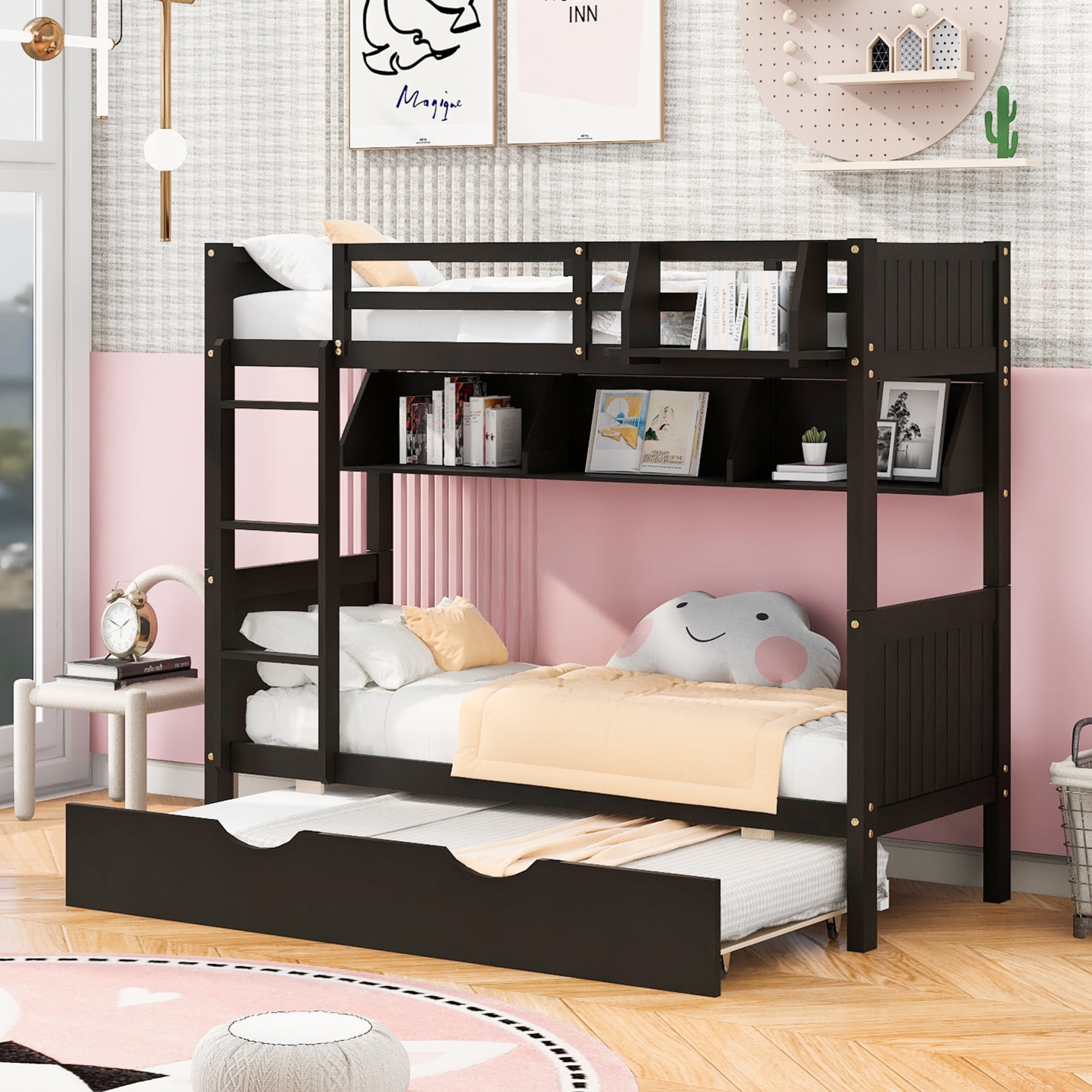 Modern Twin over Twin Wooden Bunk Bed with Trundle and Shelves, Bunk