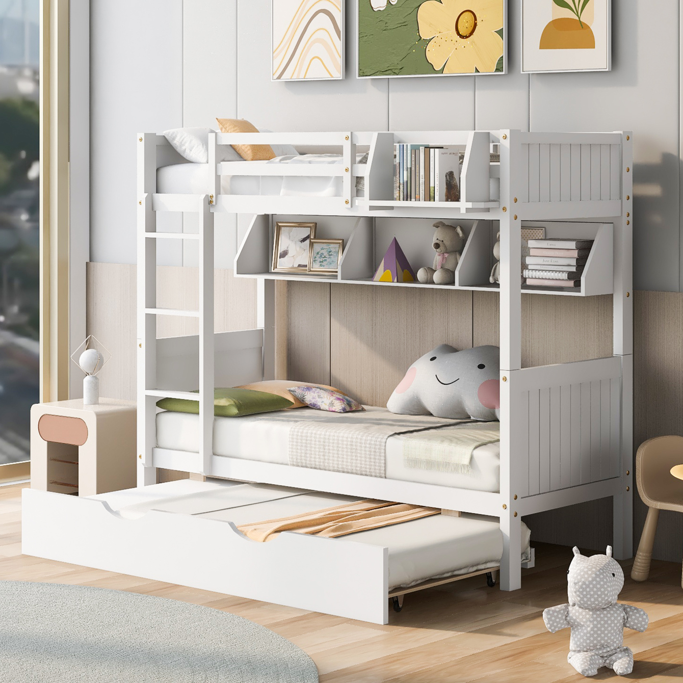 Modern Twin over Twin Wooden Bunk Bed with Trundle and Shelves, Bunk
