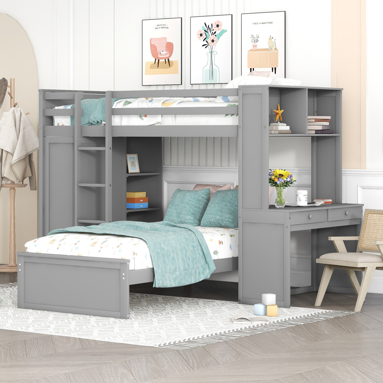 Modern Twin Wooden Loft Bed with Standalone Bed and Shelves, Loft Bed