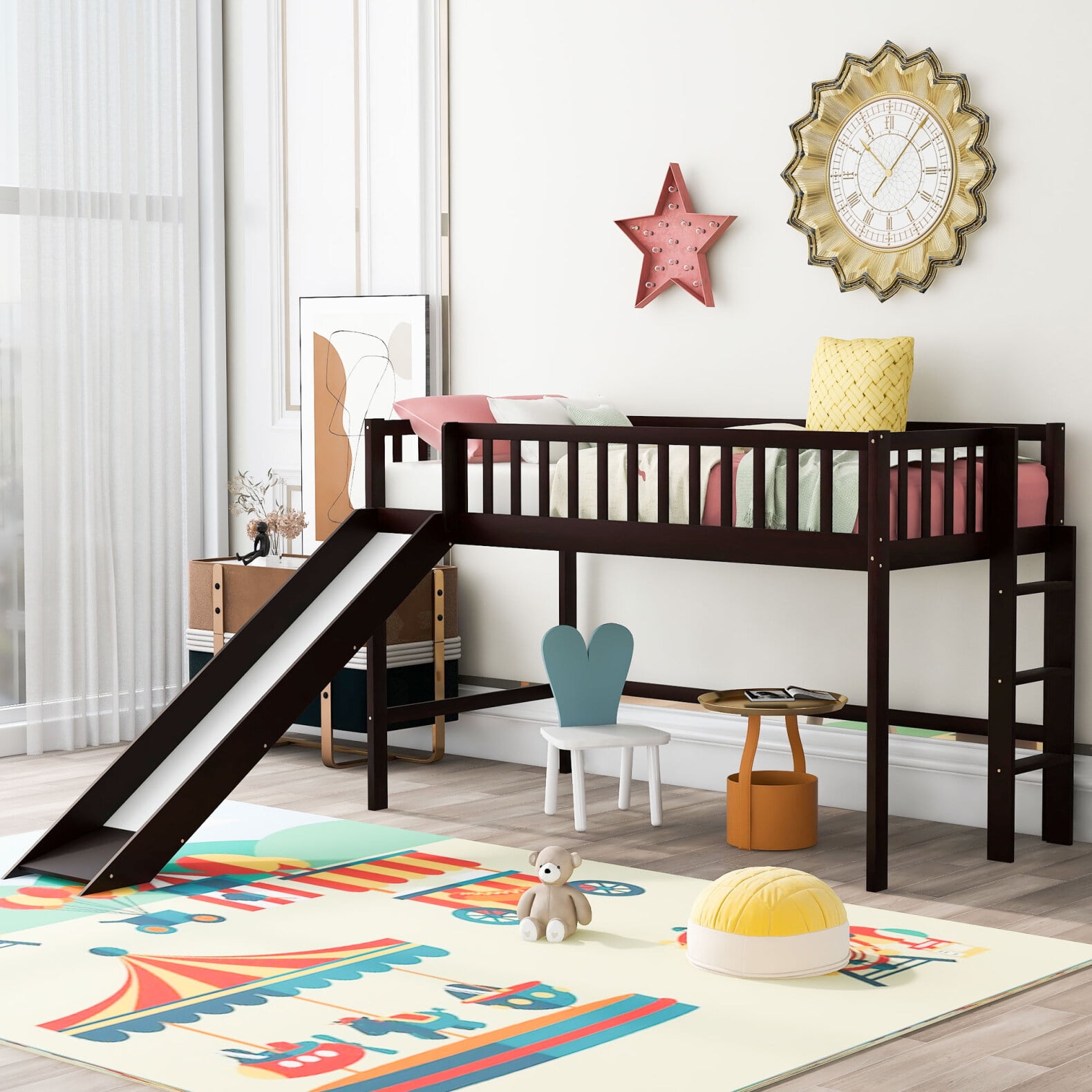Modern Twin Wooden Low Loft Bed with Ladders and Slide, Loft Bed Frame