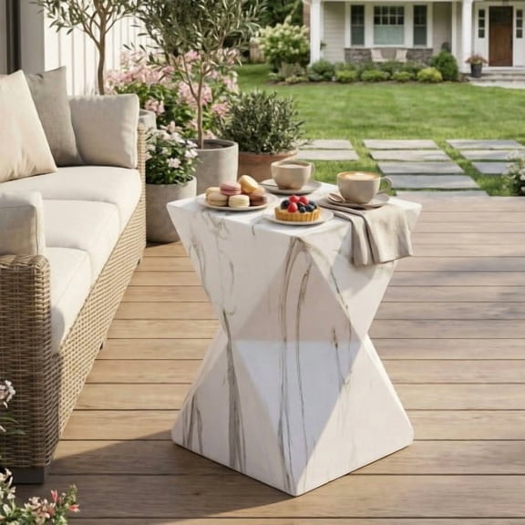 Modern Geometric MGO Hourglass Side Table, 18.5"H Faux Marble End Table, Weather Resistant for Indoor Outdoor
