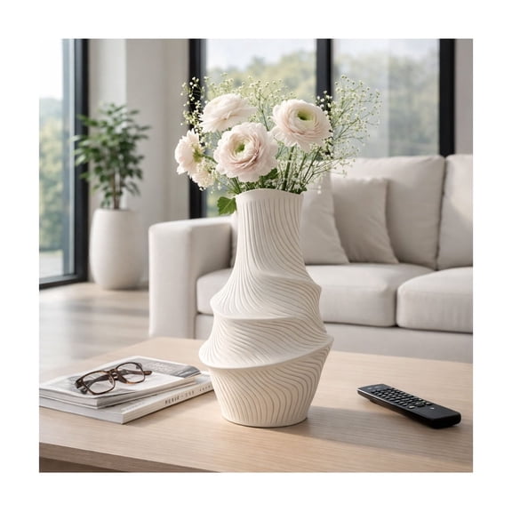 Modern Twisted Chiseled Vase for Living Room Decor - Polyresin Flower Vase for Home, Console, Table, or Office Display - Textured Accent Display for Room and Bedroom Decor Accent - 16", Ivory & Tan