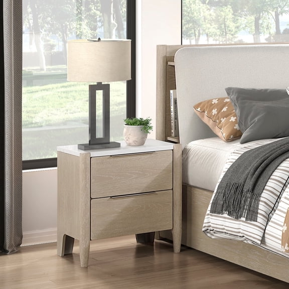 Modern Two Drawers Nightstand with Charging Ports Marble Top Light Oak Finish Bedroom Fu