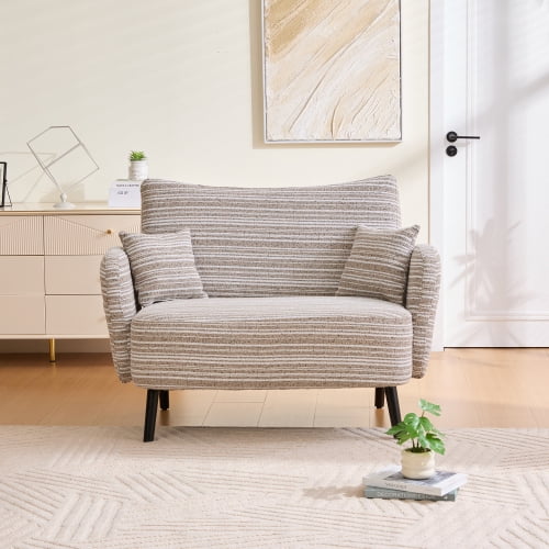 Modern Two-Seater Boucle Sofa, Small Loveseat with Storage Pockets and Armrest Pillows, Compact Deep-Seated Couch for Apartment Living Room Office, Khaki