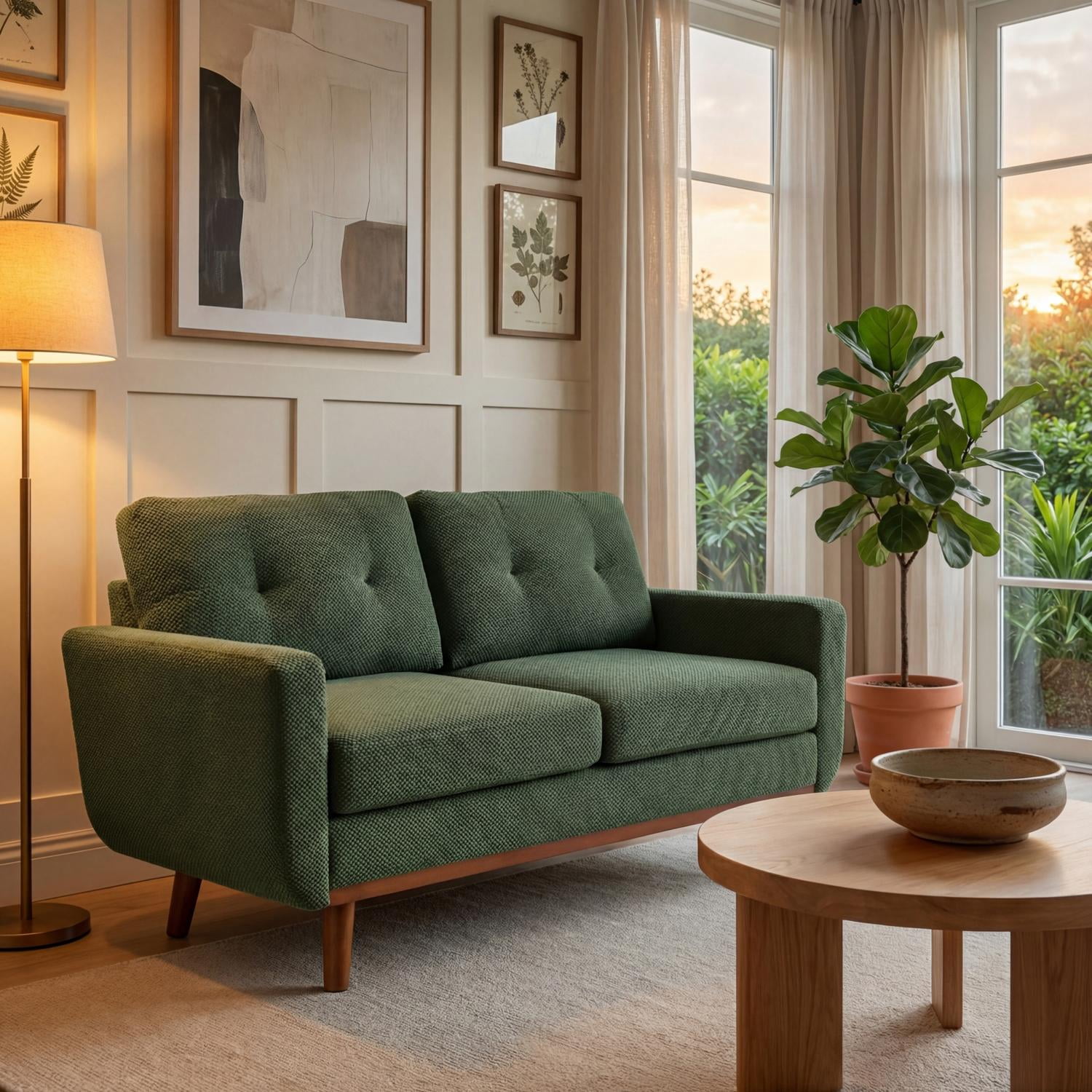 Modern Two-Seater Sofa 65-Inch with Nubby Upholstery, Comfy Loveseat and Apartment Couch with Solid Wood Legs for Living Room, Dark Green