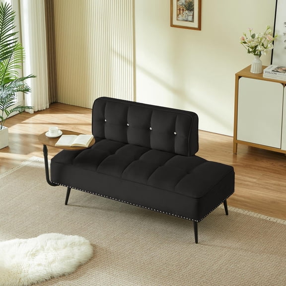 Modern Two-Seater Velvet Sofa with 360° Rotating Side Table, Entryway Ottoman Bench with Backrest for Living Room, Bedroom, Apartment, Space Saver, Black
